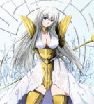  1girl armor armored_dress arms_behind_back blue_eyes breasts cleavage collar collarbone dress highres holding large_breasts long_hair mable saint_seiya saint_seiya:_the_lost_canvas sasha_(saint_seiya:_the_lost_canvas) silver_hair smile solo staff wet wet_clothes wet_dress white_dress 