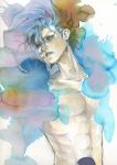  1boy arrancar bleach blue_eyes blue_hair espada facial_mark grimmjow_jaegerjaquez male_focus mask memento1113 parted_lips simple_background solo topless traditional_media upper_body white_background 