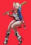  1girl baseball_bat batman_(series) blonde_hair boots breasts dc_comics dip-dyed_hair fishnets harley_quinn high_heel_boots high_heels jacket lipstick makeup pantyhose short_shorts shorts sitting solo suicide_squad twintails weapon 