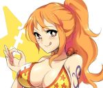  1girl artist_request bikini_top breasts bright_pupils brown_eyes cleavage large_breasts long_hair nami_(one_piece) one_piece orange_hair solo star tattoo 