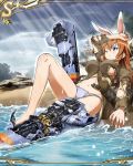  1girl animal_ears beach breasts bunny_tail charlotte_e_yeager clouds cloudy_sky damaged grey_panties long_hair ocean official_art one_eye_closed orange_hair panties rabbit_ears rock sky solo strike_witches striker_unit sunlight tail torn_clothes torn_panties underwear wet world_witches_series 