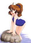  1girl arle_nadja bent_over blue_swimsuit blush child flat_chest looking_at_viewer madou_monogatari open_mouth ponytail red_eyes rock school_swimsuit short_hair simple_background solo standing swimsuit water white_background 