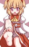  1girl akabashi barefoot blonde_hair blush child fairy_wings fangs feet looking_down open_mouth pov pov_feet shiny shiny_hair shiny_skin short_hair soles solo sunny_milk toes touhou twintails violet_eyes 