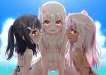  3girls bikini black_hair child chloe_von_einzbern clouds dark_skin day eyebrows eyebrows_visible_through_hair fate/kaleid_liner_prisma_illya fate_(series) hair_ornament hairclip illyasviel_von_einzbern licking_lips long_hair looking_at_viewer miyu_edelfelt multiple_girls navel open_mouth ponytail rui_rui_(xiao-rui-rui) shiny shiny_hair shiny_skin side-tie_bikini silver_hair sky swimsuit 