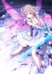  1girl blonde_hair blue_eyes blue_reflection boots breasts brown_eyes cleavage elbow_gloves gloves glowing glowing_weapon heterochromia holding holding_weapon jewelry kishida_mel necklace pleated_skirt ribbon ring shirai_hinako short_hair skirt solo sword weapon 