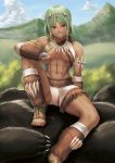  1girl abs artist_name bear breasts feet female green_hair muscle smile solo 