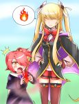  2girls arc_system_works artist_request blonde_hair blush bow breasts cape child dress fire hair_bobbles hair_ornament hair_over_eyes hair_over_one_eye hair_ribbon kuon_gramred_shutleheim long_hair me_(xblaze) multiple_girls open_mouth pink_hair ribbon shiny shiny_clothes shiny_hair shocked side_ponytail sidelocks smile spoken_fire surprised sweatdrop thigh-highs thought_bubble twintails xblaze xblaze_code:_embryo yellow_eyes younger 