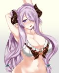  1girl armpits arms_behind_head arms_up bikini blush braid breasts cleavage collarbone cow_girl cow_horns cube_(circussion) curvy female gradient_background granblue_fantasy hair_ornament hair_over_one_eye hairclip hand_behind_head horns huge_breasts large_breasts lavender_hair long_hair looking_at_viewer narumeia_(granblue_fantasy) navel open_mouth pointy_ears simple_background smile solo standing swimsuit upper_body violet_eyes white_bikini white_swimsuit wide_hips 