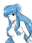  1girl bare_shoulders blue_eyes breasts female light_smile long_hair long_twintails looking_at_viewer monochrome montan one_eye_closed ranma_1/2 shampoo_(ranma_1/2) sleeveless solo spot_color twintails upper_body white_background 
