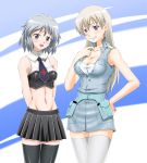  2girls bare_shoulders blonde_hair blue_eyes blush breasts eila_ilmatar_juutilainen grin groin large_breasts long_hair looking_at_viewer midriff multiple_girls navel open_mouth sanya_v_litvyak silver_hair sitting skirt small_breasts smile standing strike_witches violet_eyes 
