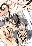  2boys abs black_hair body_writing camera looking_at_viewer make_focus male_focus monkey_d_luffy multiple_boys muscle nagi(artist) one_piece phone self_shot smile tattoo teeth topless trafalgar_law 