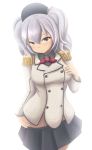  1girl absurdres eyebrows kantai_collection kashima_(kantai_collection) long_hair looking_at_viewer military military_uniform shiny shiny_hair simple_background skirt solo thesdros twintails uniform white_background 