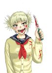  1girl artist_request bangs blonde_hair blood blood_on_face bloody_clothes blunt_bangs blush boku_no_hero_academia cardigan double_bun fangs knife messy_hair open_mouth school_uniform serafuku simple_background smile solo toga_himiko tongue upper_body weapon yellow_eyes 