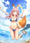 1girl absurdres animal_ears beach bikini bird blush breasts cleavage collarbone fate/extra fate/grand_order fate_(series) fox_ears fox_tail full_body groin highres jewelry jumping large_breasts long_hair looking_at_viewer navel necklace open_mouth patrickj1703 pink_hair sandals side-tie_bikini smile solo summer swimsuit tail tamamo_(fate)_(all) tamamo_no_mae_(swimsuit_lancer)_(fate) yellow_eyes 