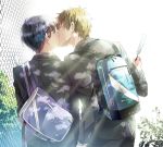  2boys backpack bag closed_eyes free! ice_cream kiss male_focus mina_(o414) multiple_boys nanase_haruka_(free!) outside school_uniform short_hair tachibana_makoto yaoi 