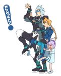  1girl 2boys asimov_(gunvolt) azure_striker_gunvolt blonde_hair blue_dress blue_hair boots braid child duodynamo fingerless_gloves glasses gloves gunvolt joule_(gunvolt) long_hair multiple_boys parody purple_hair short_hair simple_background sunglasses uniform violet_eyes visor yotsubato! yotsubato!_pose zipper 