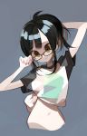  1girl amiami black_hair character_request female glasses nail_polish navel smile solo symbol-shaped_pupils tied_shirt 