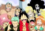  2girls 6+boys afro antlers artist_request bikini black_hair blonde_hair blue_hair breasts brook brown_hair curly_hair cyborg duplicate franky glasses goggles gradient gradient_background green_hair hair_over_one_eye hat headphones monkey_d_luffy multiple_boys multiple_girls nami_(one_piece) nico_robin one-eyed one_piece open_mouth open_shirt orange_hair red_shirt reindeer roronoa_zoro sanji scar skeleton smile straw_hat sunglasses swimsuit tony_tony_chopper upper_body usopp 