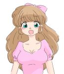  1girl aqua_eyes artist_request blush bow breasts brown_hair cleavage female long_hair looking_at_viewer ranma_1/2 shiratori_azusa simple_background solo upper_body white_background 