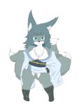  1girl artist_request blue_eyes breasts female fox full_body furry japanese_clothes short_hair simple_background solo teal_hair white_background 