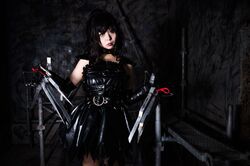  1girl belt cosplay dress edward_scissorhands edward_scissorhands_(cosplay) elbow_gloves eyeshadow gloves gothic lipstick long_hair makeup photo scissors skirt solo 