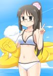  1girl beach bikini brown_hair buddha cute day glasses goriate kadokawa_shoten kuudere kyoto_animation looking_at_viewer minakami_mai navel nichijou ocean outdoors ponytail sky solo statue swimsuit v 