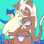  1girl artist_request bikini blonde_hair breasts cat dragon female flat_color furry glasses long_hair red_eyes solo swimsuit 