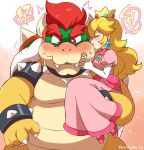 &lt;3 1boy 1girl blonde_hair blush bowser claws closed_eyes crown dress eromame footwear gloves hetero horns jewelry kissing long_hair nintendo princess_peach red_eyes redhead shell short_hair spikes super_mario_bros. sweat text