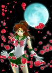  1girl artist_request bishoujo_senshi_sailor_moon breasts brown_hair choker circlet gloves green_eyes hair_bobbles hair_ornament kino_makoto long_hair looking_at_viewer magical_girl medium_breasts moon night petals ponytail ribbon sailor_jupiter school_uniform serafuku skirt star white_gloves 