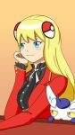  1girl blonde_hair blue_eyes hand_on_own_cheek highres long_hair looking_to_the_side meowstic pokemon pokemon_co-master sharon_(pokemon) upper_body 