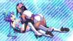  2girls aoki_lapis ass bare_shoulders blue_eyes blue_hair blush boots chisamikan cleavage dark_skin full_body hair_ornament high_heel_boots high_heels long_hair looking_at_viewer merli_(vocaloid) multiple_girls open_mouth simple_background smile speaker striped_background thigh-highs very_long_hair vocaloid 