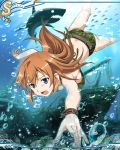  1girl 1hirl air_bubble animal ass bangs barefoot belt bikini blue_eyes breasts breath brown_hair bubble camouflage card_(medium) charlotte_e_yeager coral diving fish floating_hair freediving green_bikini holding_breath looking_down ocean official_art open_mouth orange_hair shark sideboob solo strike_witches submerged swimming swimsuit underwater upside-down world_witches_series wristband 