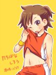  1boy blush body_blush brown_eyes brown_hair child chobota idolmaster idolmaster_side-m male_focus navel one_eye_closed open_mouth shirt shirt_pull simple_background sleeveless sleeveless_shirt solo sportswear sweat tachibana_shirou tank_top wristband yellow_background 