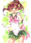  1girl :d absurdres bishoujo_senshi_sailor_moon breasts brown_hair earrings elbow_gloves green_eyes hair_bobbles hair_ornament kino_makoto looking_at_viewer medium_breasts navel open_mouth ponytail ribbon sailor_jupiter school_uniform serafuku short_hair skirt smile two-tone_background 