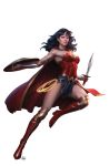  1girl blue_eyes cape dc_comics lasso lasso_of_truth pteruges shield solo stanley_lau strapless sword tiara vambraces wonder_woman wonder_woman_(series) 