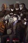  5boys batman batman_(series) blue_eyes blue_necktie bruce_wayne cape dc_comics deathstroke dick_grayson father_and_son gloves male_focus mask midnighter multiple_boys necktie owlman sitting stariver00 suit 