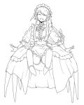  1boy ^_^ androgynous arachne awii blush closed_eyes dress frills full_body headband lineart male_focus monochrome monster_boy open_mouth original ribbon simple_background skirt smile solo spider trap white_background 