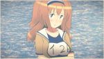  1girl 2016 absurdres artist_name bangs blush breasts brown_eyes character_name cleavage collarbone commentary_request dated eyebrows eyebrows_visible_through_hair hairband highres i-26_(kantai_collection) kantai_collection key_kun long_hair looking_at_viewer medium_breasts name_tag orange_hair parted_lips school_swimsuit short_sleeves solo swimsuit upper_body water 