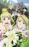  2girls 3boys alphonse_elric armor black_hair blonde_hair blue_eyes bouquet braid brown_eyes earrings edward_elric flower fullmetal_alchemist jewelry mechanical_arm multiple_boys multiple_girls necktie official_art riza_hawkeye roy_mustang tuxedo winry_rockbell 