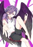  1boy ahoge angel_wings barefoot black_wings chitosemaru hair_over_one_eye hataraku_maou-sama! knee_up looking_at_viewer male_focus monster_boy open_mouth outstretched_arm purple_hair shirt shorts simple_background sitting smile solo t-shirt urushihara_hanzou violet_eyes wings 