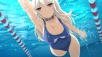  1girl arm_up armpits blush breasts cleavage female game_cg hiromi_(sakura_swim_club) large_breasts long_hair looking_at_viewer pool red_eyes sakura_swim_club silver_hair smile solo swimming swimsuit wanaca water winged_cloud 