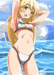  1girl arms_up bikini blazblue blonde_hair blue_sky blush breasts center_opening green_eyes highres long_hair nagishy navel noel_vermillion ocean open_mouth smile solo swimsuit water 