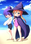 2girls barefoot beach blush child clouds day eyebrows eyebrows_visible_through_hair feet hat long_hair looking_at_viewer multiple_girls one-piece_swimsuit original outdoors sand shadow shiny shiny_hair sky standing swimsuit tears thesdros undressing water 