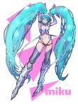  1girl alternate_costume armpits blue_eyes blue_hair character_name female hatsune_miku headphones long_hair midriff navel open_mouth solo thigh-highs tied_hair twintails very_long_hair vocaloid 