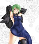  1girl armpits arms_behind_head arms_over_head arms_up artist_request black_legwear blue_dress breasts caladrius cape covered_navel eleanor_riegl erect_nipples green_hair hood looking_at_viewer parted_lips red_eyes shiny shiny_clothes shiny_hair shiny_skin short_hair side_slit sideboob single_thighhigh solo thigh-highs 