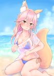  1girl :3 absurdres animal_ears bikini blue_bikini blush breasts cleavage collarbone fate/extra fate/grand_order fate_(series) fox_ears fox_tail harupippo highres large_breasts looking_at_viewer navel ocean pink_hair see-through sitting solo sweat swimsuit tail tamamo_(fate)_(all) tamamo_no_mae_(fate) yellow_eyes 