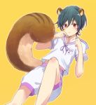  1boy androgynous green_hair high_speed! kirishima_ikuya male_focus raipanda red_eyes ribbon sailor_uniform short_hair shorts shota simple_background solo squirrel_ears squirrel_tail 