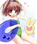  1girl arle_nadja bangs blunt_bangs blush brown_eyes brown_hair casual_one-piece_swimsuit gradient_background green_swimsuit heart looking_at_viewer one-piece_swimsuit open_mouth puyopuyo short_hair simple_background swimsuit 