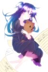  1girl big_bridge birthday black_dress blush character_name clannad dress hair_bobbles hair_ornament highres holding_stuffed_animal letter long_hair looking_at_viewer purple_hair shiny skirt smile teddy_bear tied_hair twintails violet_eyes white_background 