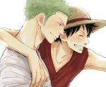  2boys artist_request black_hair green_hair hat male_focus monkey_d_luffy multiple_boys one_piece profile red_vest roronoa_zoro shirt smile source_request straw_hat t-shirt vest 